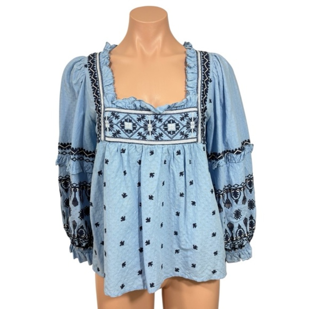ANTHROPOLOGIE SEEN WORN‎ KEPT blue embroidered mary boho blouse top 6 S M - Picture 2 of 11